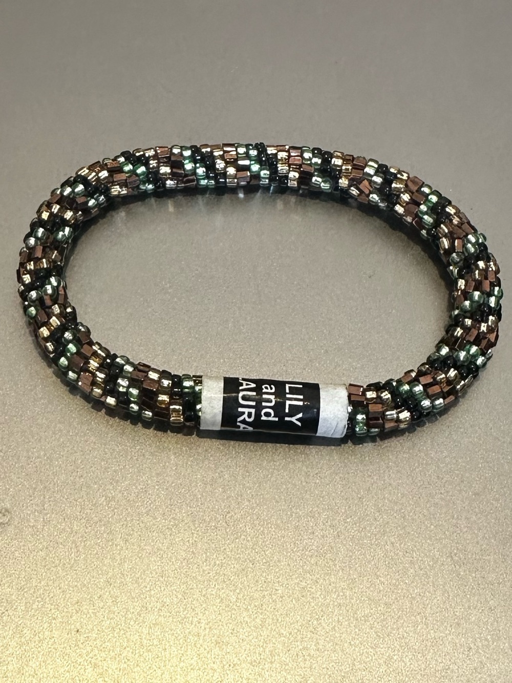 Lily and Laura Earth Neutrals Gold Green and Black Pattern Beaded Bracelet NWT